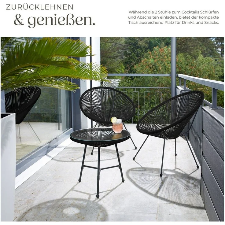 tectake® Set 2X Stuhl 1x Beistelltisch Acapulco, Gartenstuhl, Gartenstühle im Retro Design, Indoor und Outdoor Sessel für Garten, Wintergarten, als Terrassenstühle oder Balkon Sessel - schwarz – Bild 3