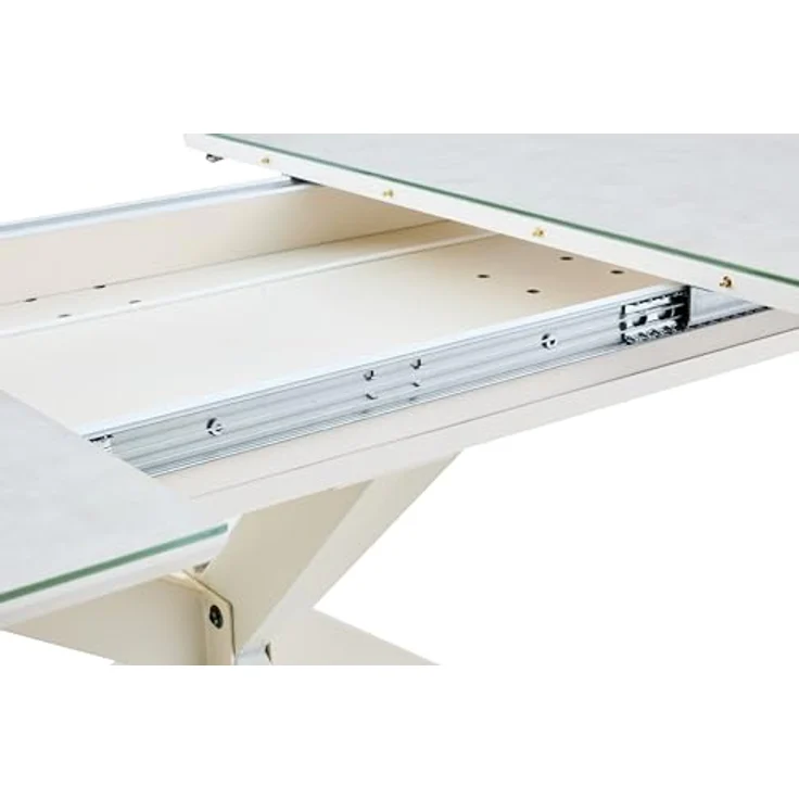 Hela Tische, Auszugstisch Esstisch Fenja, Glasauflage Keramikoptik beige, Schweizer Kante,Stern-Metall-Gestell Cremé mit Arretierung, Maß 140-180x90cm – Bild 9