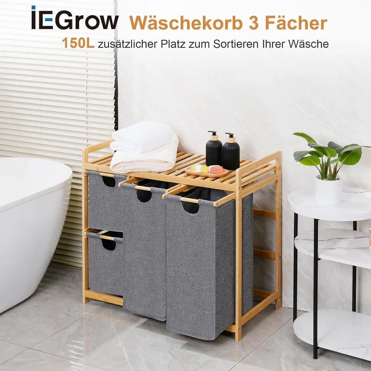 iEGrow Wäschekorb 3 Fächer Rollen Bambus 150L Schmutzwäsche Oxford-Gewebe – Bild 2