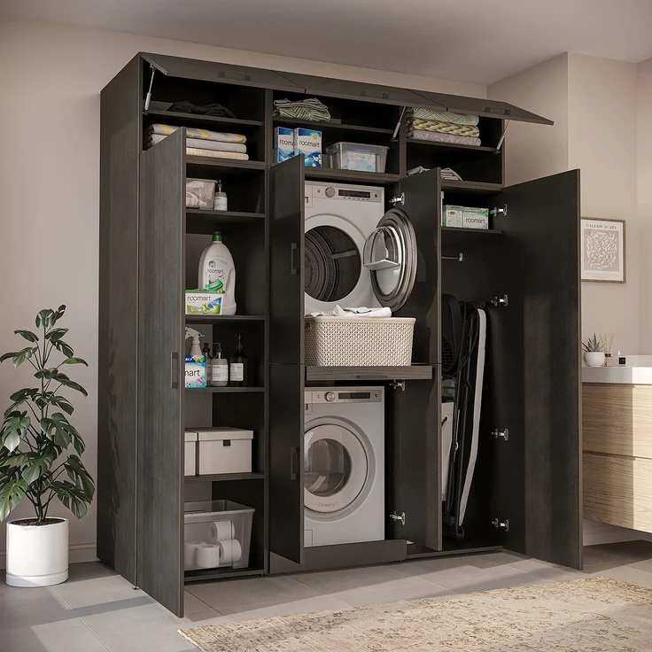 Roomart Waschmaschinenschrank - DORA-I- 190 cm breit - Wasch- & Trocknerschrank mit 2 Hochschränken, Türen & Ausziehbrett, Waschmaschinen-Überbau für Waschküche & Hauswirtschaftsraum • Schwarz-Eiche – Bild 3
