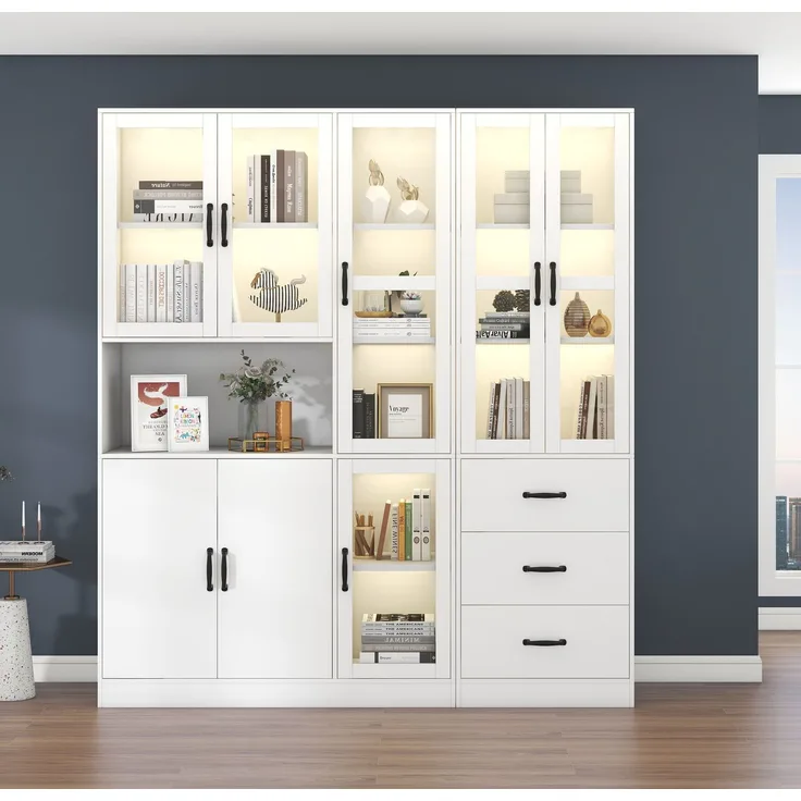 3135034567WAA)Modernes weißes Kombivitrinen-Set 200 cm hoch und 180 cm lang, weiße Standvitrine mit LED-Beleuchtung, 8 Türen, 3 Schubladen - perfekt für die Präsentation Ihres Hauses!--Weiß--180x40x200cm--YOUDENOVA