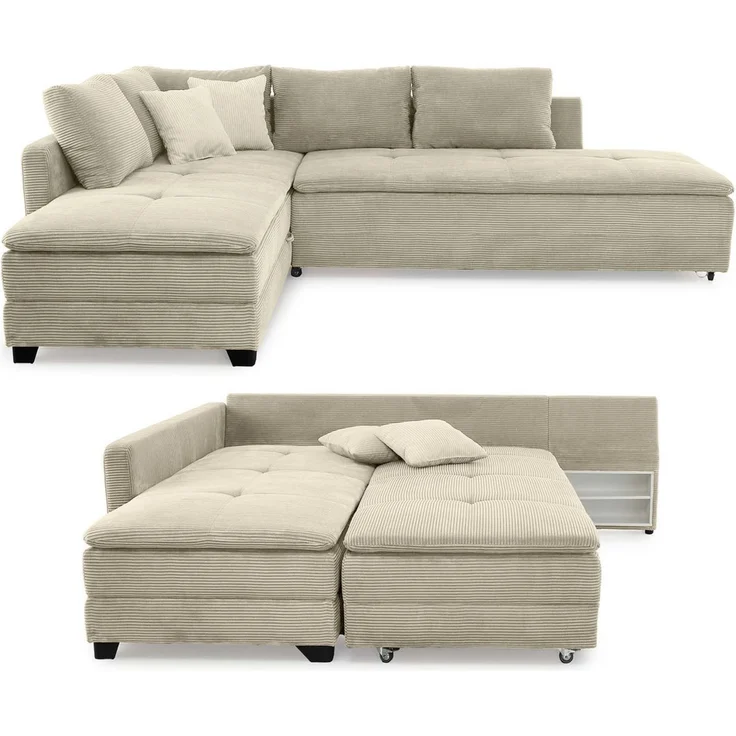Ecksofa-Dauerschläfer Doppelbett Federkern Bettkasten Couch in Cord Beige Grau – Bild 1