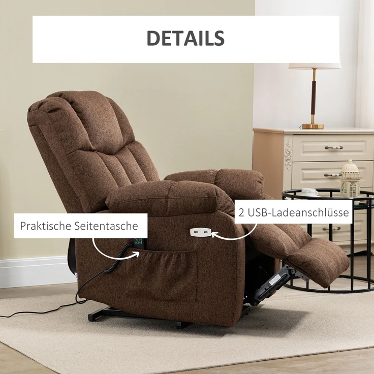 HOMCOM Fernsehsessel mit Aufstehhilfe, Polyester, Stahl, Braun, 92L x 95B x 107H cm – Bild 7