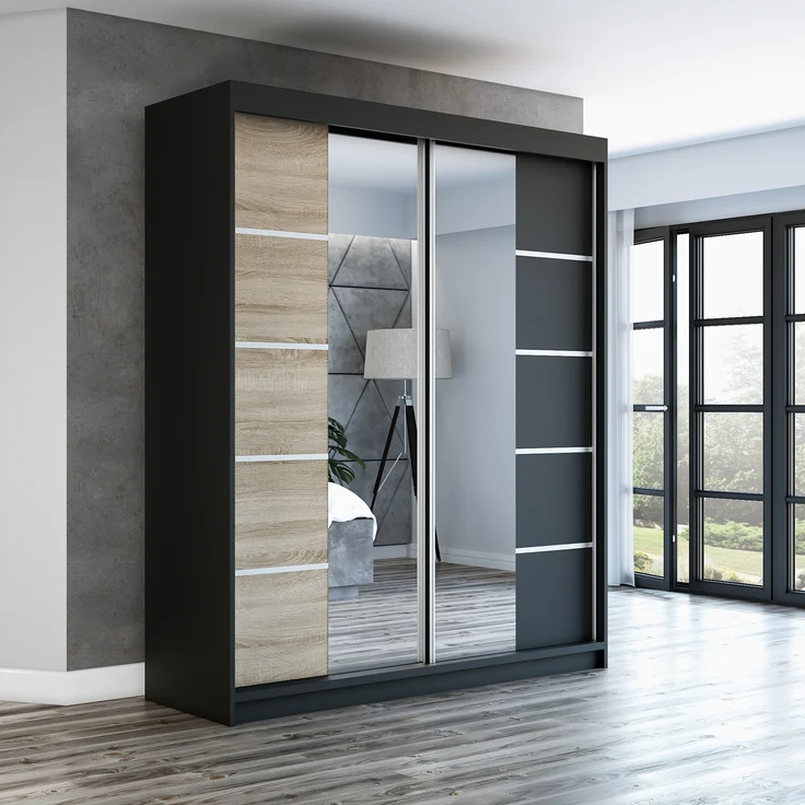 Schwebetürenschrank ERA 2-türig Schrank 160 cm (mit Spiegel) Farbe: Schwarz , sonoma – Bild 2