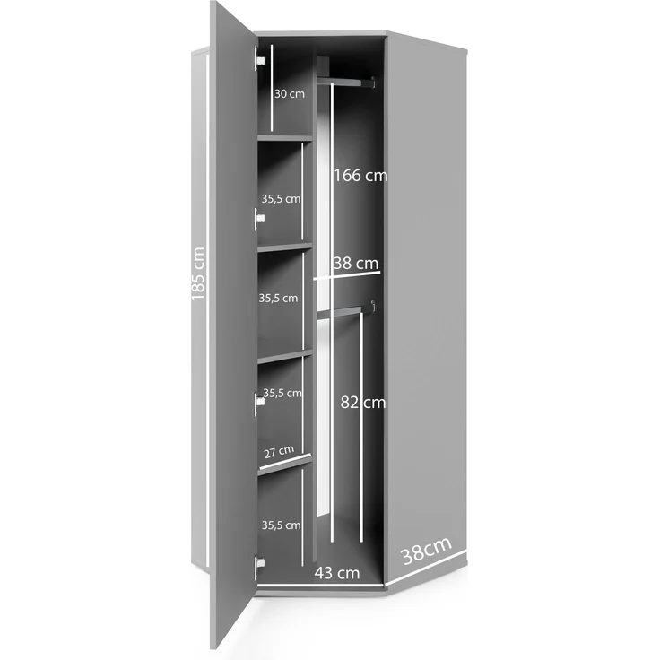 Eckschrank Modulo, Kleiderschrank mit Spiegel, Eiche Artisan/Schwarz Matt, 185 x 70 x 70 cm – Bild 2