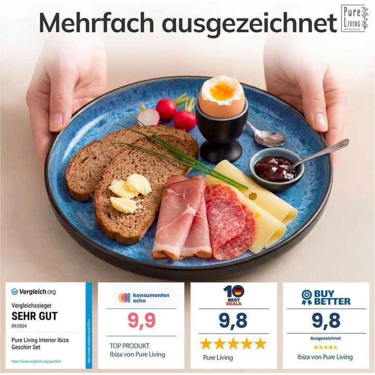 PURE LIVING INTERIOR DESIGN Geschirr-Set Pure Living Dessertteller 6er 20cm »Ibiza«, Steingut, Tiefblau, 6 Personen, Steingut, Mediterrane Handwerksoptik, Reaktive Glasur – jedes Stück einzigartig… – Bild 3