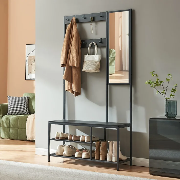 Garderobenständer Napinerg mit Spiegel und Schuhregal 185x98x34 cm Schwarz [en. casa] – Bild 1