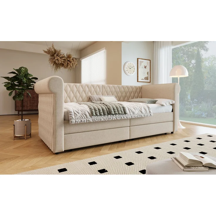 Schlafsofa aus Leinen mit 2 Schubladen & Lattenrost, 90x200 cm, Beige, ohne Matratze – Bild 6