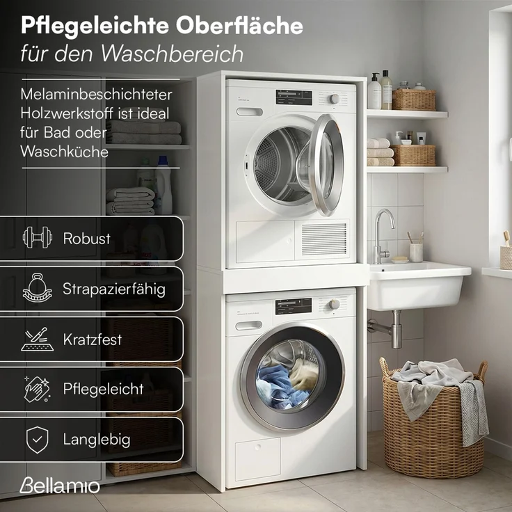 Bellamio 'Vist' Waschmaschinen Trockner Schrank mit Schublade, weiß, Waschturm mit ausziehbarer Ablagefläche, Hochschrank mit Wandanschluss – Bild 5
