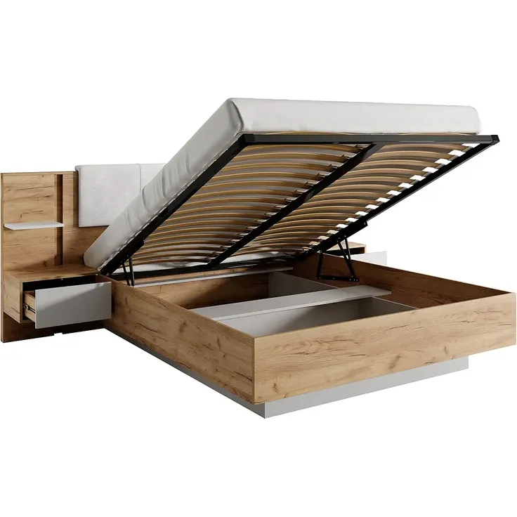 Vente-unique - ELYNIA Bett Holz, Platte BeigeWeiß - B 210 cm x H 104,4 cm x L 256,4 cm – Bild 2