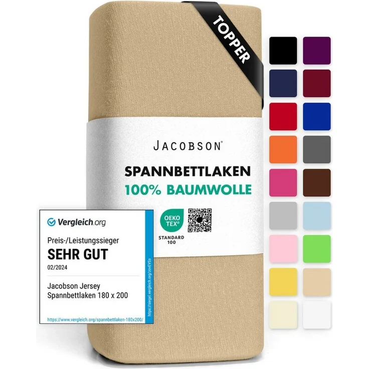 Jacobson Jersey Spannbettlaken Spannbetttuch Baumwolle Bettlaken (Topper 180-200x200 cm, Beige) – Bild 1
