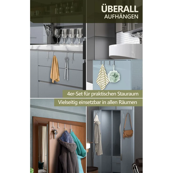 Aurelia Home Türhaken zum Einhängen, 4er-Set, Silber – für Türen und Schranktüren, bis 8 kg – Bild 3