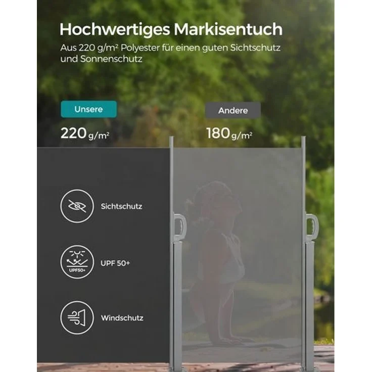 SONGMICS Seitenmarkise mit Stahl-Kasten, rostbeständig, ausziehbar, Anthrazit, 160x350 cm – Bild 3