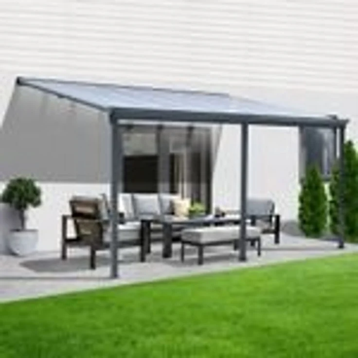Terrassenüberdachung Sky Guard Aluminium 557 cm als Bausatz Sichtschienen und Hohlkammerplatten Grau – Bild 1