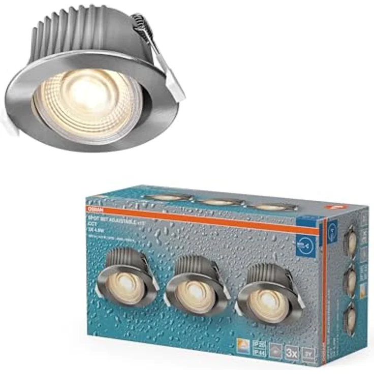 Osram Spot Set LED Einbaustrahler CCT IP44 4,9W Satin-Nickel, 3er Set Badezimmer Click-CCT dreistufig, 2700–6500K – Bild 1