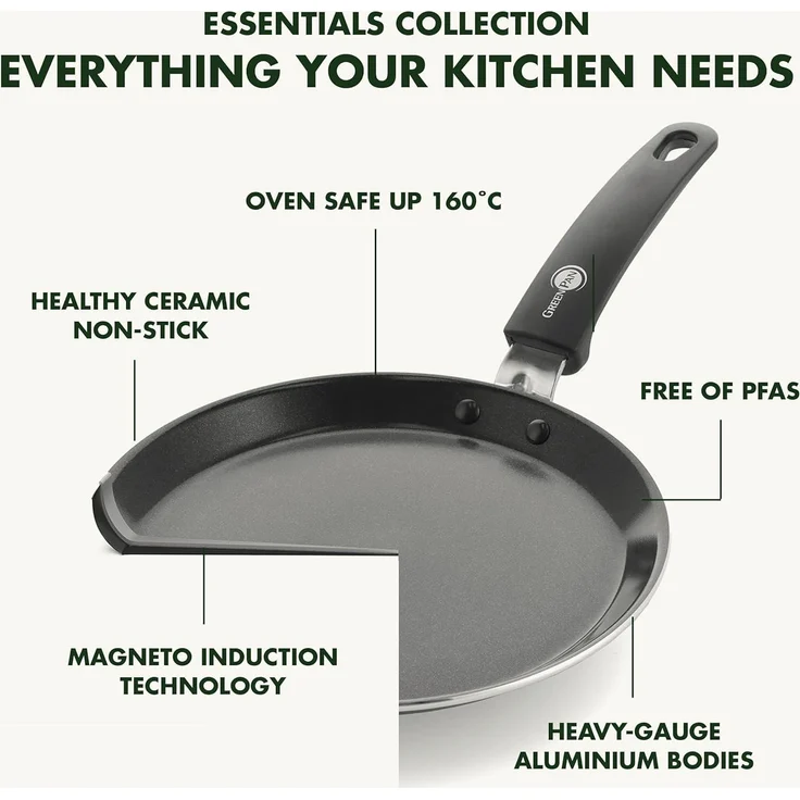 GreenPan Essentials Gesunde Keramische Antihaft-Pfannkuchenpfanne 28 cm, Crêpe-Pfanne, PFAS-frei, Induktion, Backofen- und Bratensicherheit bis 160°C, Spülmaschinenfest, Schwarz – Bild 5