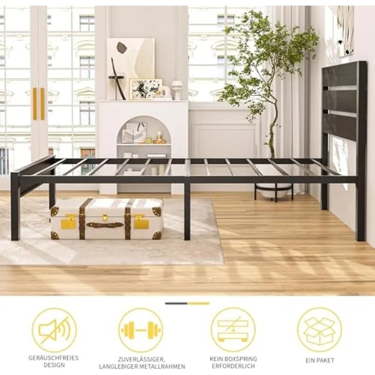 VECELO Bettgestell 90x200 cm, Metallbett mit Dick Holzkopfteil und Lattenrost, Doppelbett mit Stauraum unter dem Bett, perfekt für Schlafzimmer, Schwarz – Bild 5