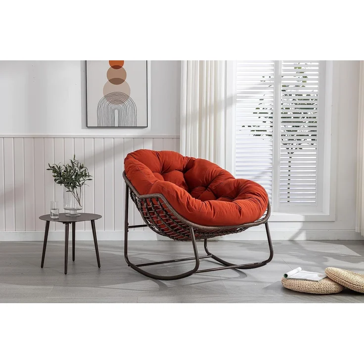 LVHOM Schaukelstuhl mit gepolstertem Kissen, Rattanstuhl mit Stahlrahmen, Lounge Sessel, Schaukelsessel, 1 St, für Balkon/Garten/Wohnzimmer/Schlafzimmer – Bild 9