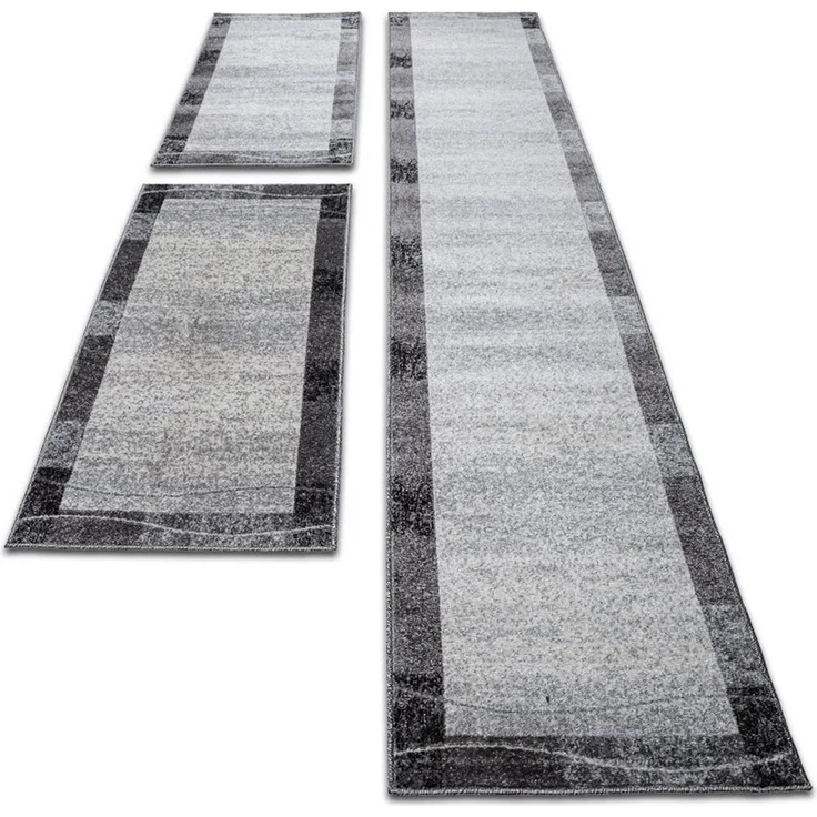 oKu-Tex Bettumrandung 3 teilig, Läufer (67 x 340 cm) + Brücken (2 x 67 x 140 cm), Kurzflor, (Set 3 teilig, 3-tlg), Teppich Schlafzimmer Bettvorleger Set schmal gewebt grau meliert – Bild 3