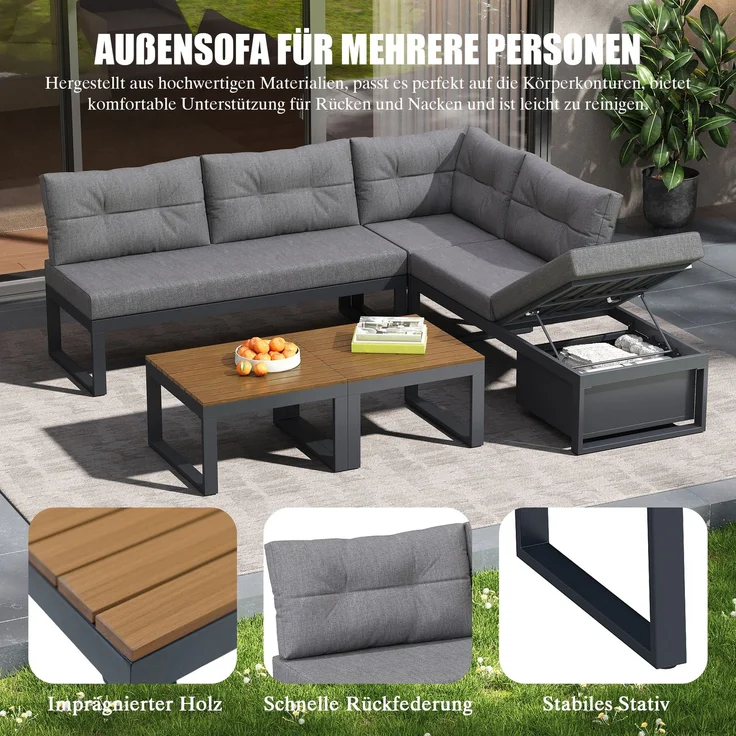 ZUBALIYA Garten-Loungeset - 191,5 x 191,5 x 79 cm , Grau , Polyester , verstellbare Rückenlehne , mit Stauraum – Bild 8