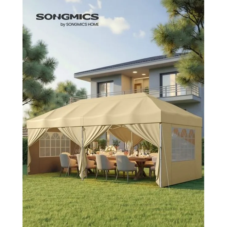 SONGMICS Faltzelt 6 x 3 m, mit Seitenwänden, stabil, tragbar, Pavillon für Garten, Hof, Party, Sonnenschutz, beige – Bild 2
