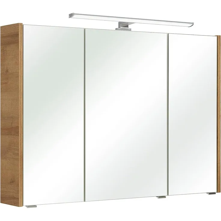 Pelipal Badezimmer-Spiegelschrank Quickset 362 in Riviera Eiche Quer Nachbildung inkl. LED-Beleuchtung, 100 cm breit | Spiegelschrank mit 3 Türen und 6 Einlegeböden