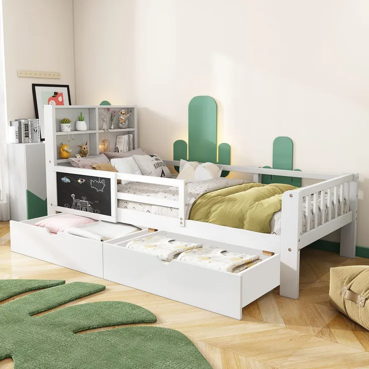 Kinderbett mit Rausfallschutz, Lattenrost und Schubladen, 90x200 cm, Jugendbett, Kiefer