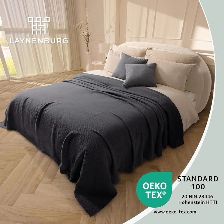 Laynenburg Tagesdecke Musselin aus 100% Baumwolle – Baumwolldecke, Kuscheldecke, Wohndecke als Sommerdecke, Bett-Überwurf, Couch-Überwurf, Sofa-Decke – Bild 1