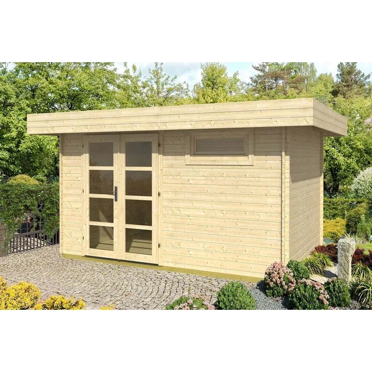 Alpholz Flachdach Gartenhaus Modell Modern-C Gartenhaus aus Holz Holzhaus mit 28 mm Wandstärke Blockbohlenhaus