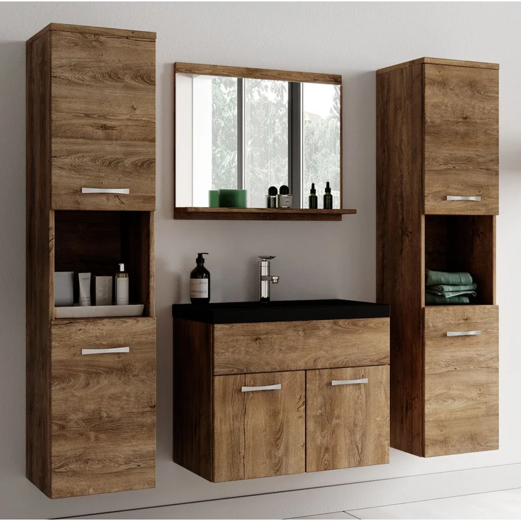 Badplaats Badmöbel Komplettset Montreal XL 60x35 cm Braun Eiche - Badezimmermöbel mit Schwarze Waschbecken, Spiegel und 2 Badezimmerschränke – Bild 2