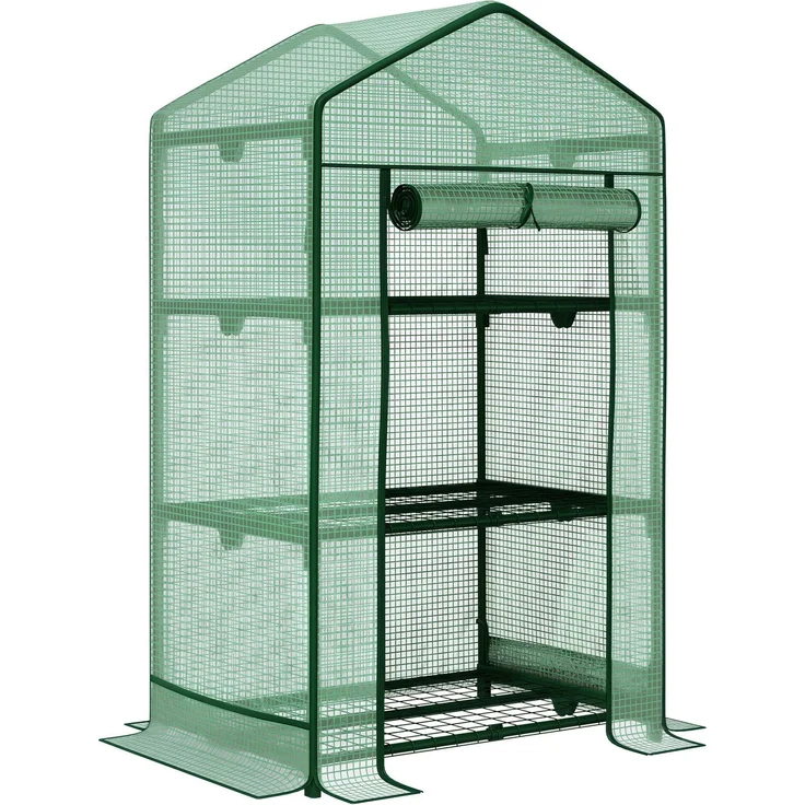 Mini-Gewächshaus Anzuchtgewächshaus mit Folienabdeckung und 3 Regalböden Regale Rolltür Gemüsebeet--Grün--125x49x69cm--YOUDENOVA – Bild 1