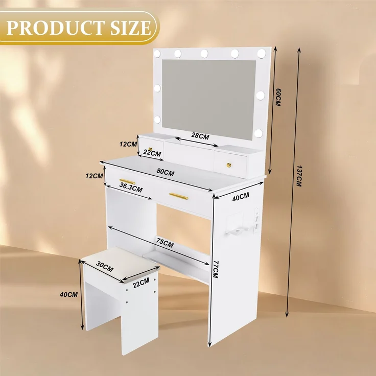 Schminktisch mit 3-stufiger LED-Beleuchtung, Steckdose & Haartrockner-Halterung – 4 Schubladen + Staufachkorb – Inkl. gepolstertem Hocker- Weiß, B80/H137/T40 cm.--Uraltes Weiß--137x40x80cm--YOUDENOVA – Bild 7