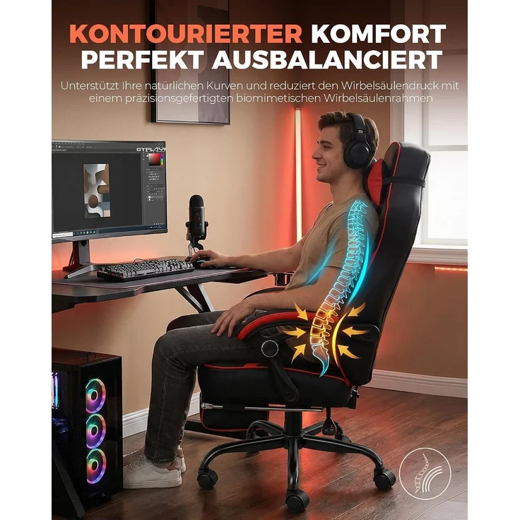 GTPLAYER Gaming Stuhl mit Fußstütze, Ergonomischer Bürostuhl 180kg, Schwerlast Gaming Sessel mit Lendenwirbelstütze und Kopfstütze, Höhenverstellbarer Computerstuhl, Gepolstert, neigbare 155°, ROT – Bild 6
