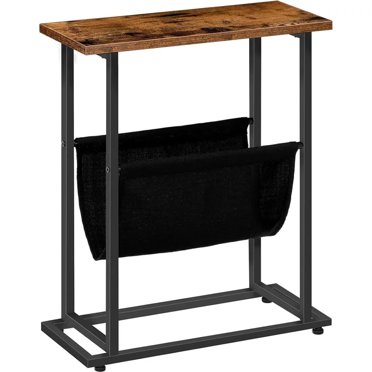 HOOBRO Schmaler Beistelltisch, Nachttisch Schmal, Industrieller Sofatisch mit Aufbewahrungstasche für Zeitschriften, Platzsparend, für Wohnzimmer, Schlafzimmer, Vintagebraun und Schwarz EBF81BZ01