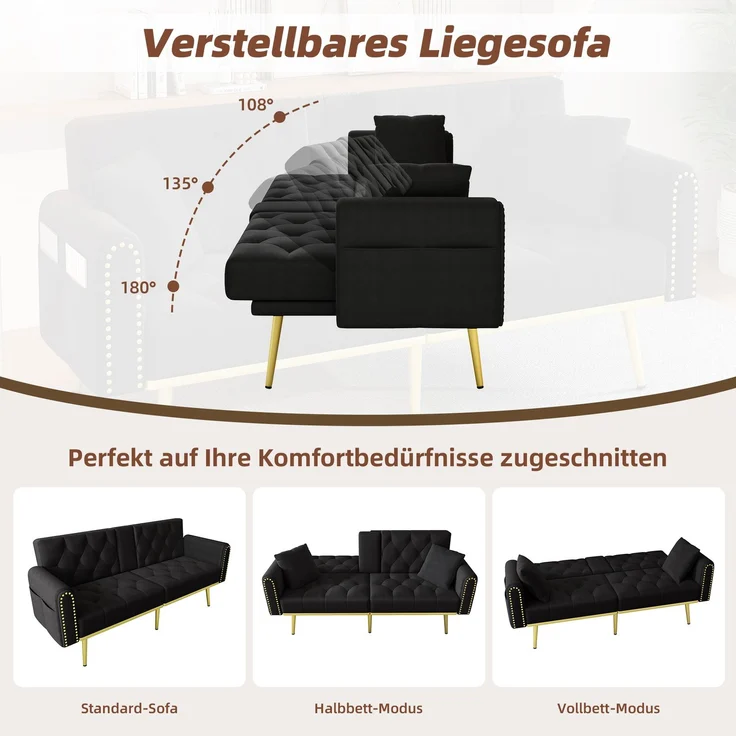 Merax Schlafsofa 2-Sitzer-Sofa mit Liegefunktion, drei verstellbaren Neigungswinkeln und Getränkehalter, Schwarz – Bild 2