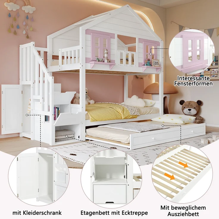 Merax Etagenbett, mit Rollbett, Kleideraufhängebereich, mit Fenster und Dach, Stabiler Lattenrost, Holz Weiß+Rosa, 90x200cm – Bild 7