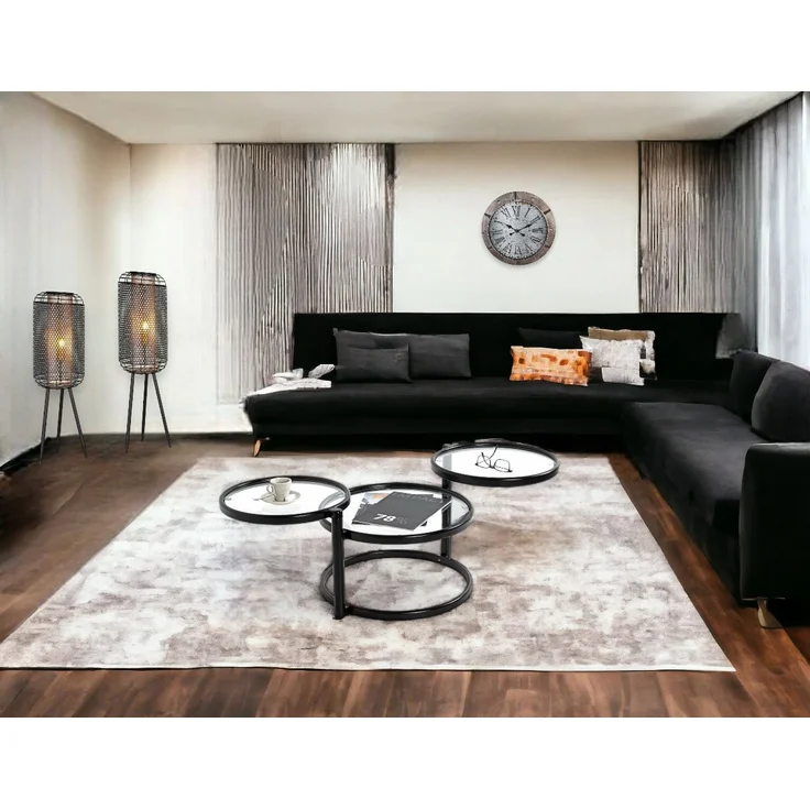 Haku Couchtisch rund und drehbar, Gestell aus Stahlrohr schwarz matt lackiert, Ablagen aus Sicherheitsklarglas, Breite 58-140x50x43 cm – Bild 2