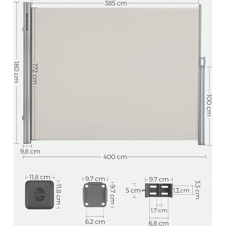 Songmics Seitenmarkise Aluminium, Einziehbar, 180x400 cm, Sichtschutz, Sonnenschutz, Blickdicht, Windschutz, für Balkon, Terrasse, Garten, Beige, GSA184E01 – Bild 2