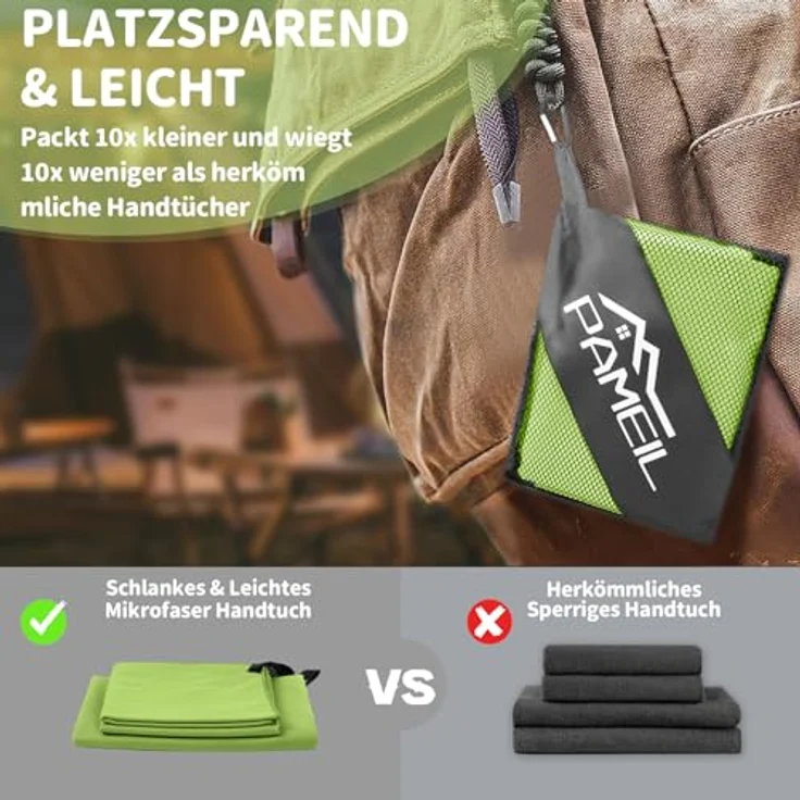 Pameil Mikrofaser Handtuch 3er Set, schnelltrocknend und super saugfähig, 1 großes Badetuch 160x80cm + 2 kleine Handtücher 80x40cm, ideal für Fitness und Sauna, grün – Bild 4