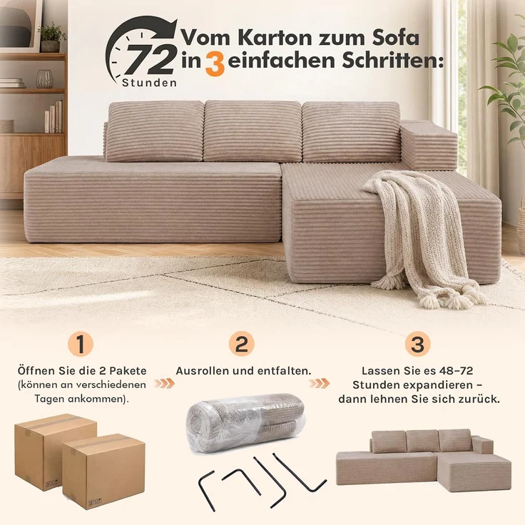 COMHOMA Ecksofa mit Schlaffunktion, 228cm Corduroy Modulares Boneless Couch mit Chaiselongue & Rücken-Metallgestell, L-Form Schlafsofa mit offenem Design, Kissen & Seitentaschen,für Wohnzimmer, Beige-L – Bild 14