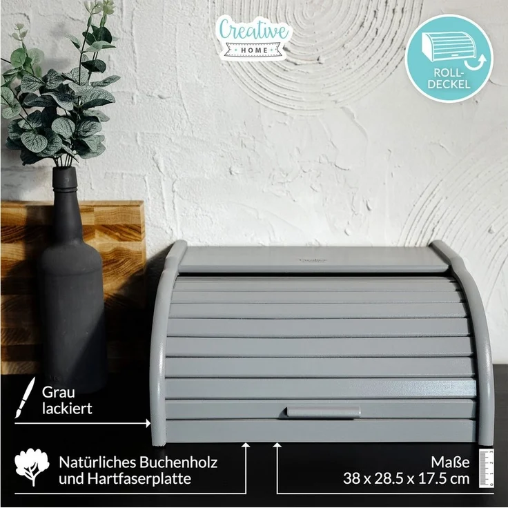 Creative Home Brotkasten Holz 38 x 28,5 x 17,5 cm Brotkiste mit Rolldeckel Brotbox – Bild 3
