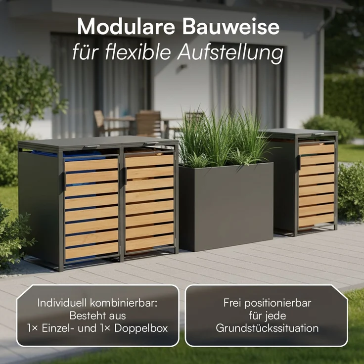 STEELSØN 'Kestra' Mülltonnenbox 3er je 240 Liter, anthrazit mit Holzoptik, Mülltonnenverkleidung aus Stahl, wetterfest, 116x80x203 cm, Müllbox für 3 Tonnen – Bild 7