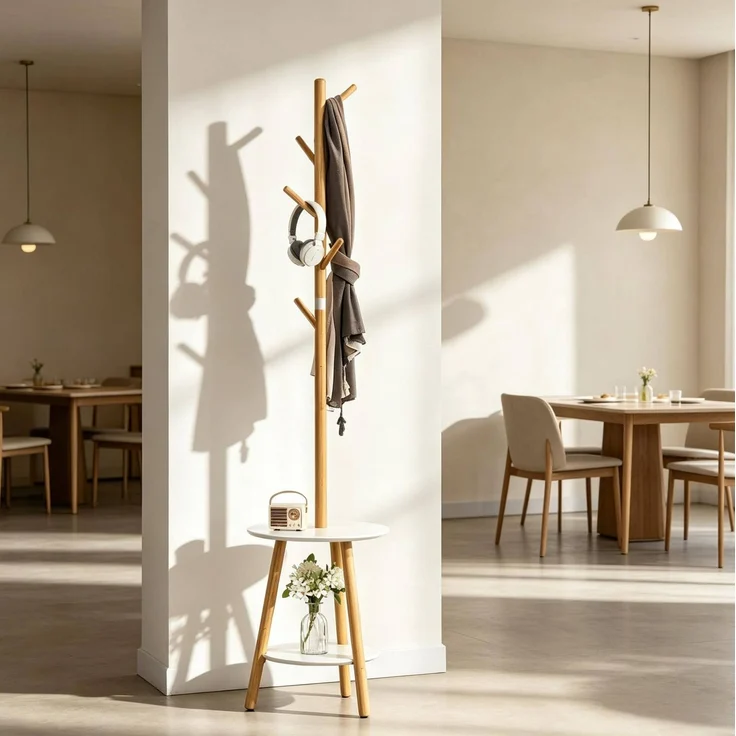 Garderobenständer aus Bambus mit 5 Haken & 2 Ablagen, 39,5x39,5x171 cm, Natur/Weiß – Bild 1