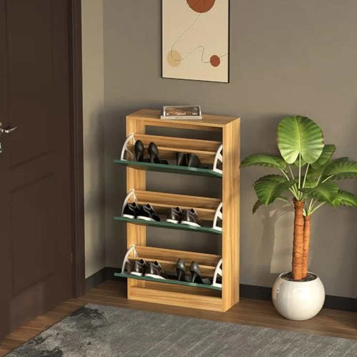 BAKAJI Scarpiera 3 ante 3 Türen Ablagen doppelte Tiefe Schuhschrank 63 x 24 x 115 cm, Holzwerkstoff, Grün und Eiche, Standard – Bild 5