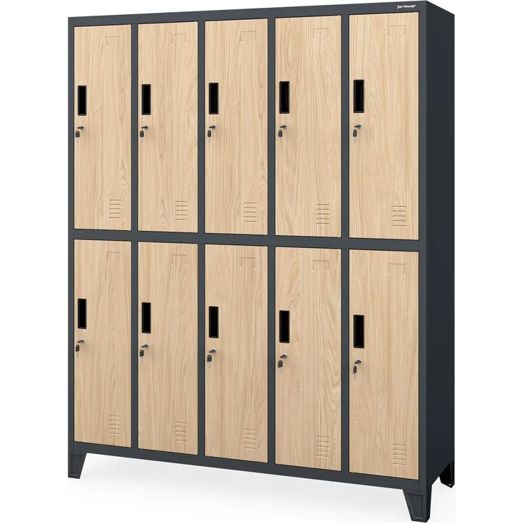 Jan Nowak Umkleideschrank Spind Schließfachschrank mit 10 Fächern, Mitarbeiterschrank Metall, Kleiderspind abschließbar, Lüftungsschlitze, Kleiderstange für Arbeitskleidung 136 x 172 x 45 cm