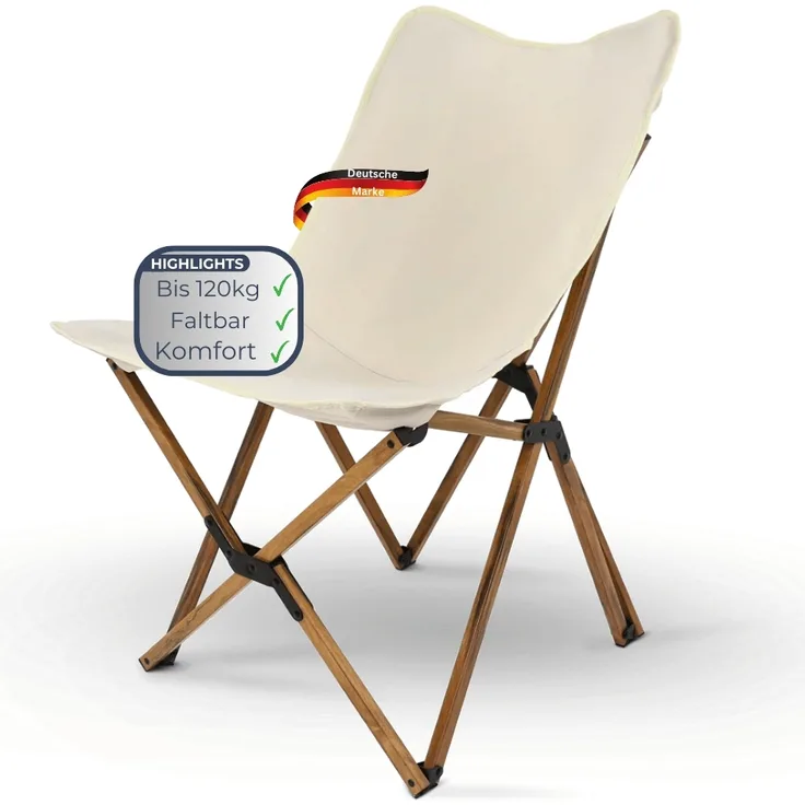 Campingstuhl Faltbar bis 120kg MILIA - Klappmechanismus | Leichter Angelstuhl Klappbarer Stuhl klein für Camping, Festivals oder Park, Creme