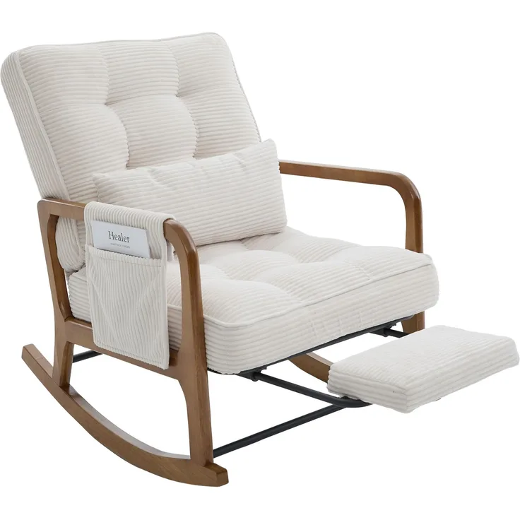 LVHOM Schaukelstuhl mit ausziehbarer Fußstütze, Relaxsessel mit verstellbare Rückenlehne, Loungesessel mit Seitentasche, bis 150 kg belastbar, Beige