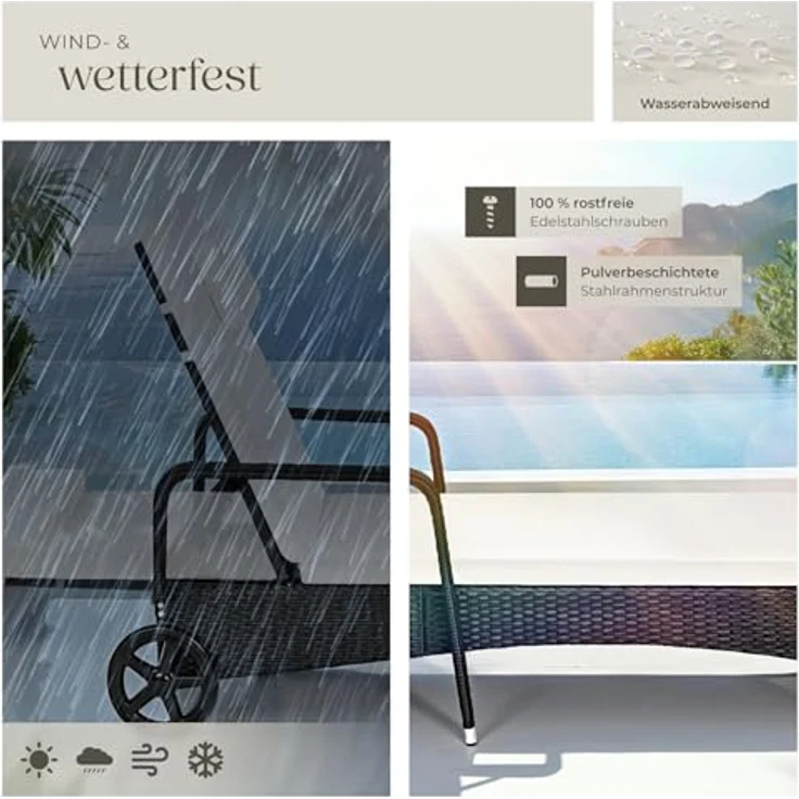 tectake Poly Rattan Gartenliege mit Rollen, 6-Fach höhenverstellbarer Liegestuhl, bis 120kg belastbar, Sonnenliege Rattan (wetterfest), Liege inkl. Polster und Kissen - schwarz/beige – Bild 8