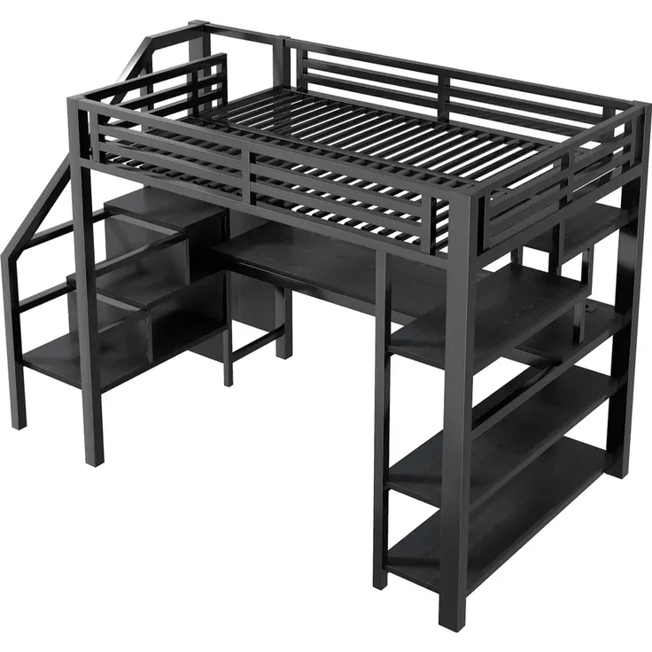 Hochbett mit Schreibtisch, LED-Streifen, Kleiderschrank, Regal, Treppe, Steckdose, USB, Rausfallschutz, 140x200cm, Kinderbett, Metallbett – Bild 5