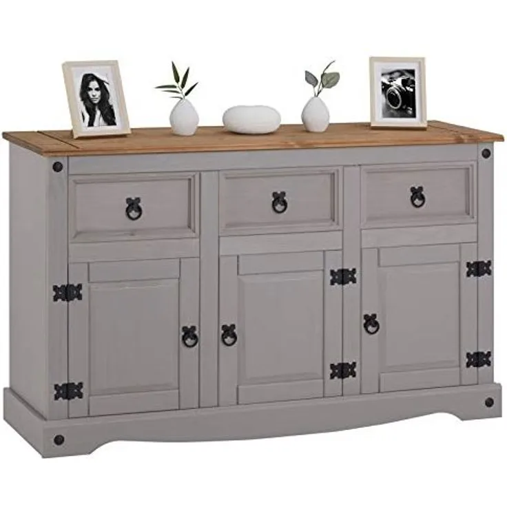 CARO-Möbel Sideboard Ramon im Mexiko Stil Kommode Kiefer massiv grau lasiert mit 3 Schubladen und 3 Türen